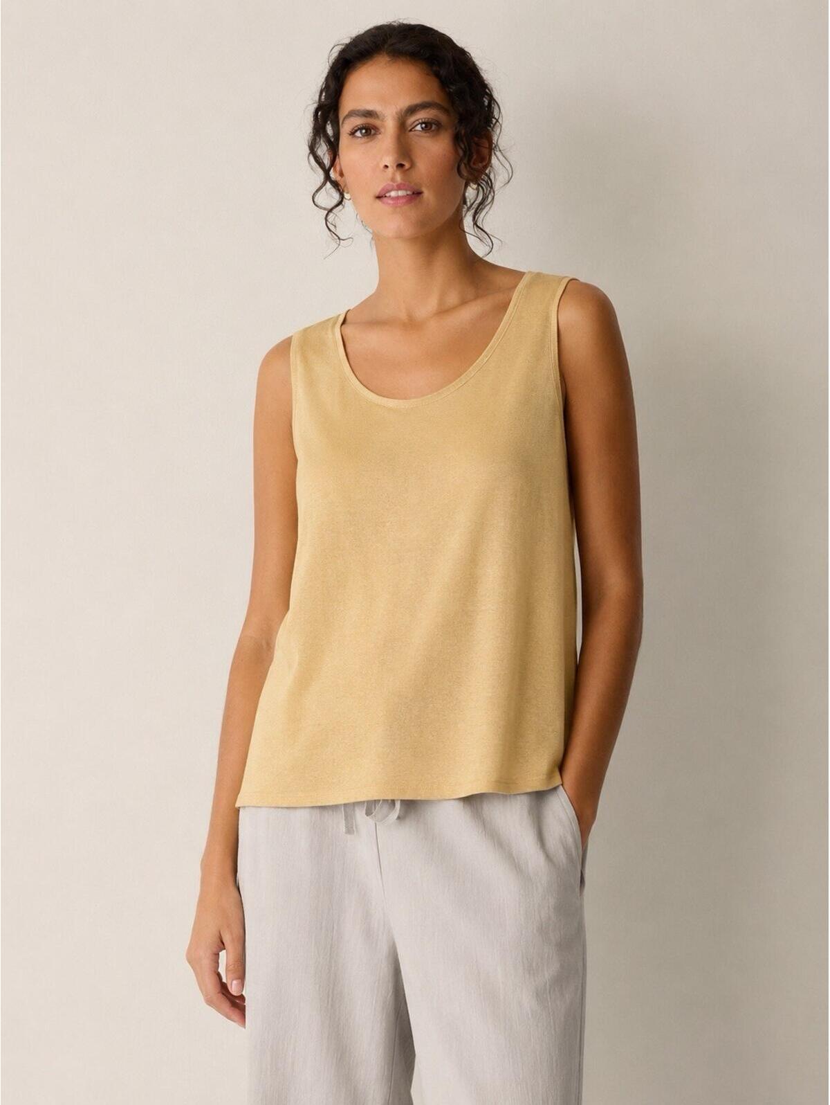 Eileen Fisher 100% Silk Knit Tank Top Yellow Sleeveless Scoop Neck Size S